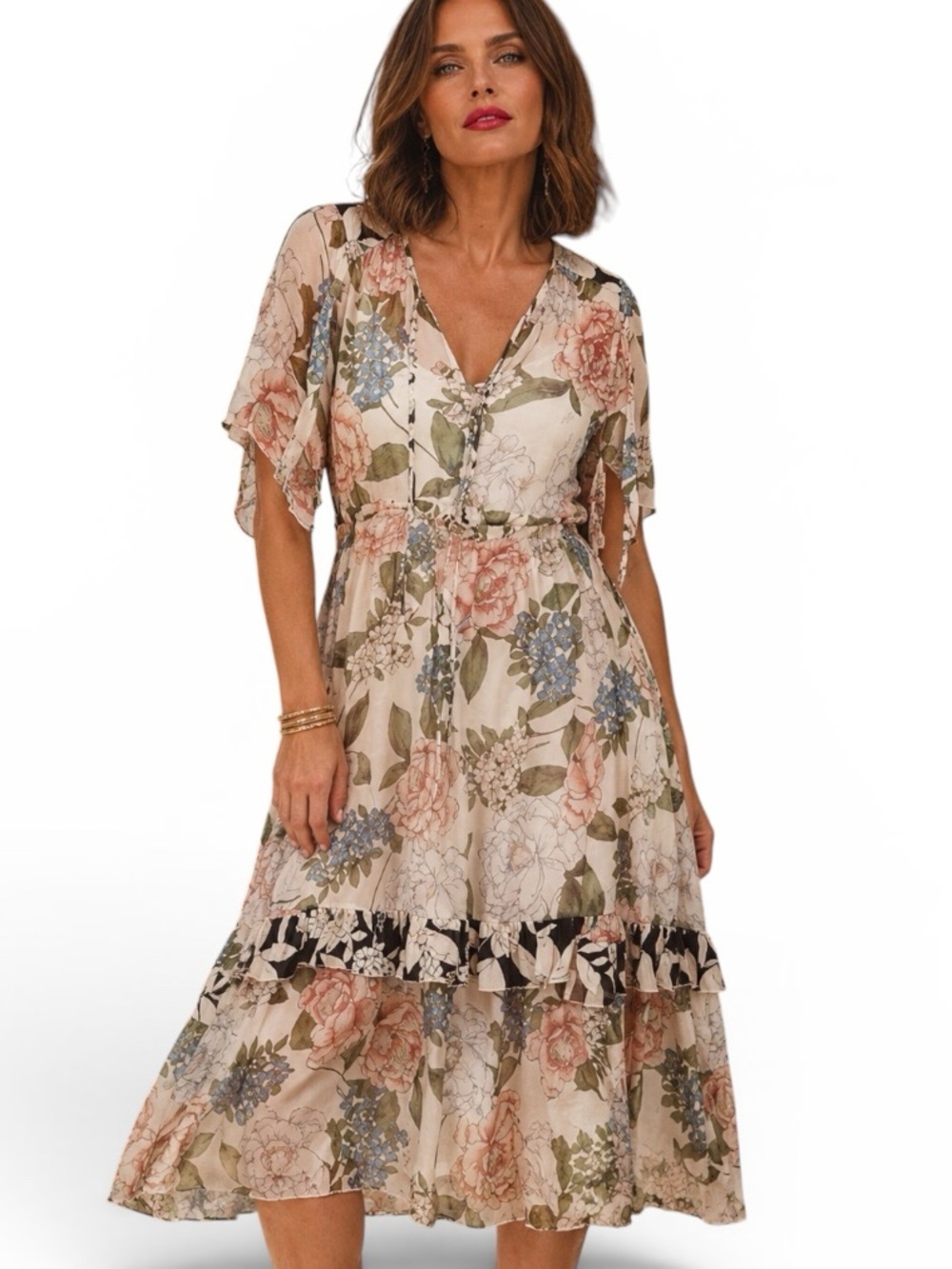 Johnny Was Jade Marion Silk Floral-Print Midi Dress NWT RARE
